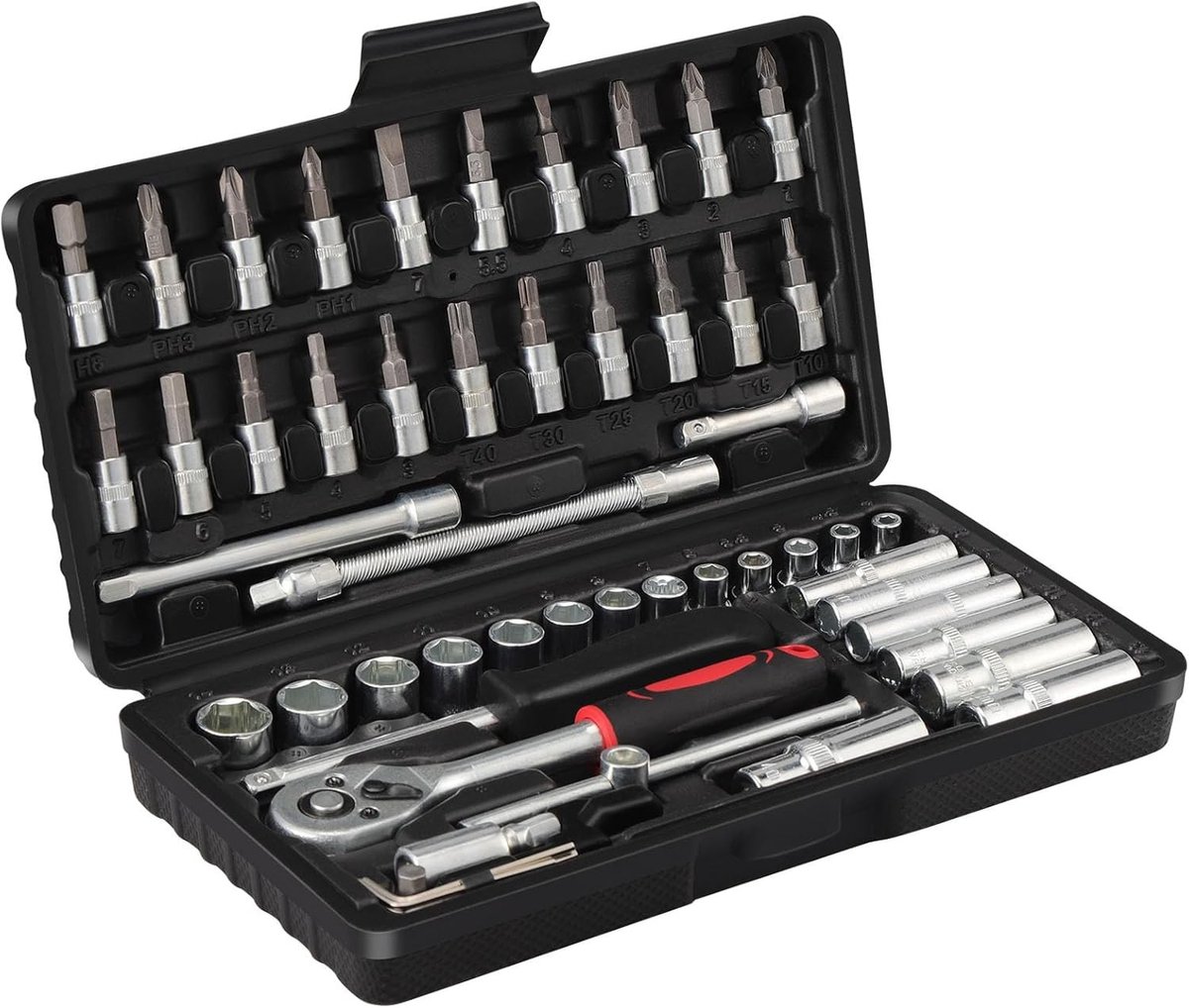 53-delige 1/4 inch ratelsleutelset van CR-V staal met metrische verlengstukken en bits voor DIY, autoreparatie en huishoudelijk gebruik