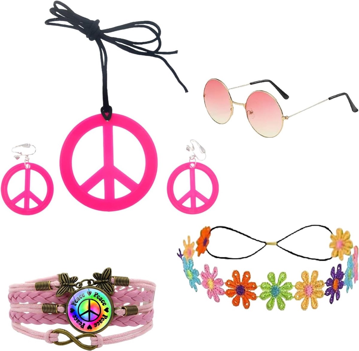 Hippie kostuumset voor mannen en vrouwen met accessoires, 60s 70s outfit, kettingen, brillen, hoofddeksels en armbanden voor een flower power look
