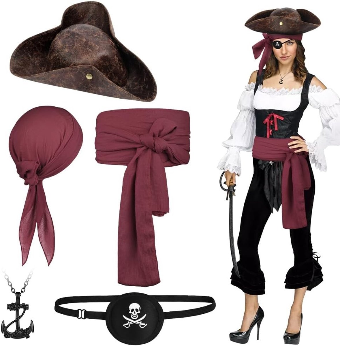 Piratenkostuum Accessoireset met Bandana, Sjerp, Ooglapje en Ankerhanger voor Halloween en Themapartijen met Middeleeuwse Elementen