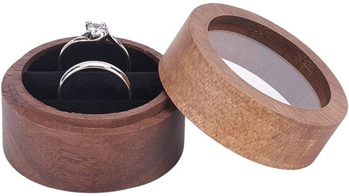 Walnoot Houten Ring Doos (Koffie 5 x 3,6 cm) Ronde Walnoot Ring Organizer met Helder Venster Sieraden Ring Doos met Twee Slots Zwart Fluweel voor Voorstel, Verloving, Verjaardag,