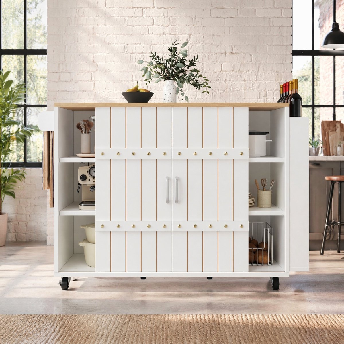COVREO Keukenkast 110x42x90 cm - keukenwagen met schuifdeuren, lades, wielen en werkblad, wit