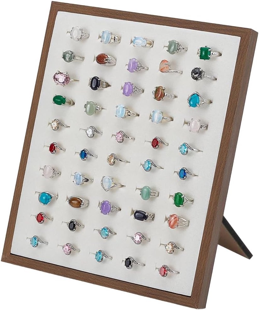 1 stuk fluwelen ring display met 50 sleuven - houten L-vorm standaard organizer voor sieraden, halskettingen en accessoires