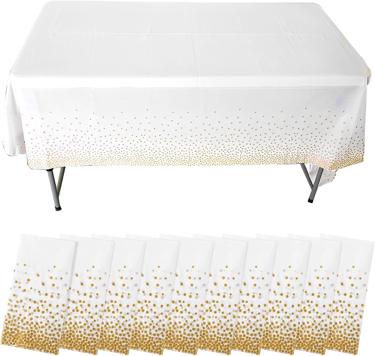 Verpakkingen van 10 Wegwerp Tafelkleedjes, Waterdichte Plastic Tafelkleed voor Feest, Bruiloft en Verjaardag, 137 x 274 cm, Met Gouden Stippen