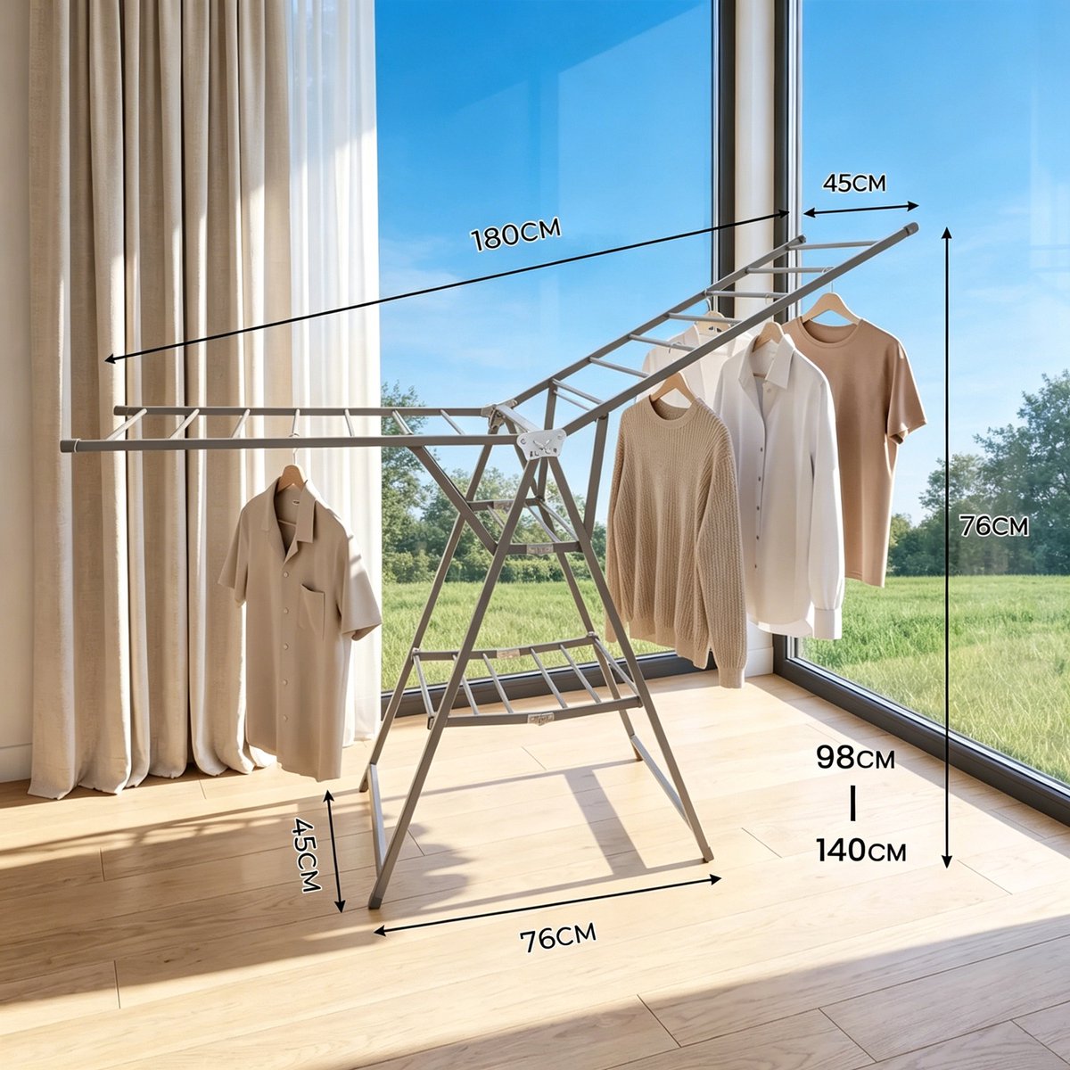 Droogrek - Wasrek - Opvouwbare Kledinghanger - Grijs - Uitstekend draagvermogen - 180 x 76 x 45 cm -Makkelijk op te bergen wanneer opgevouwen. m Drooglengte -