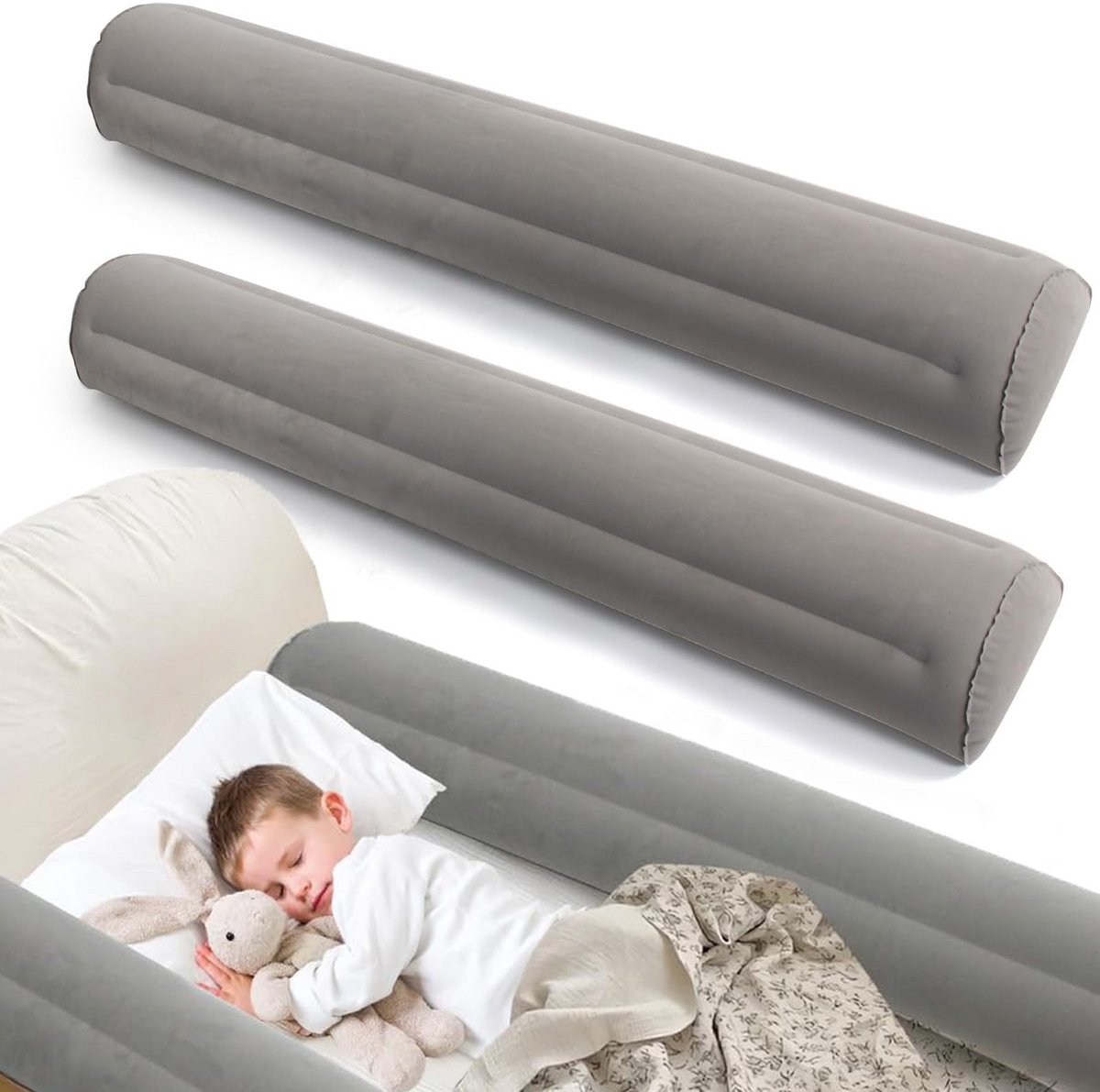 Namajunas - Opblaasbare Bedrand Met Luchtpomp- 2 stuks-grijs-127*20*15cm - Voor Baby, Peuter & Kind - Reisbedhekje Baby Peuter - Antislip ondertapijt - Draagbaar - Bedhekje - Uitvalbescherming - Bedbeveiliging Beschermer