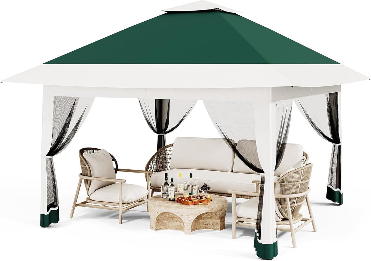 Pop-up tuintent 4x4 m Donkergroen, dubbel dak met muskietennet, in hoogte verstelbaar, UV- en weerbestendig, stevige overkapping voor tuin, terras, strand en kamperen