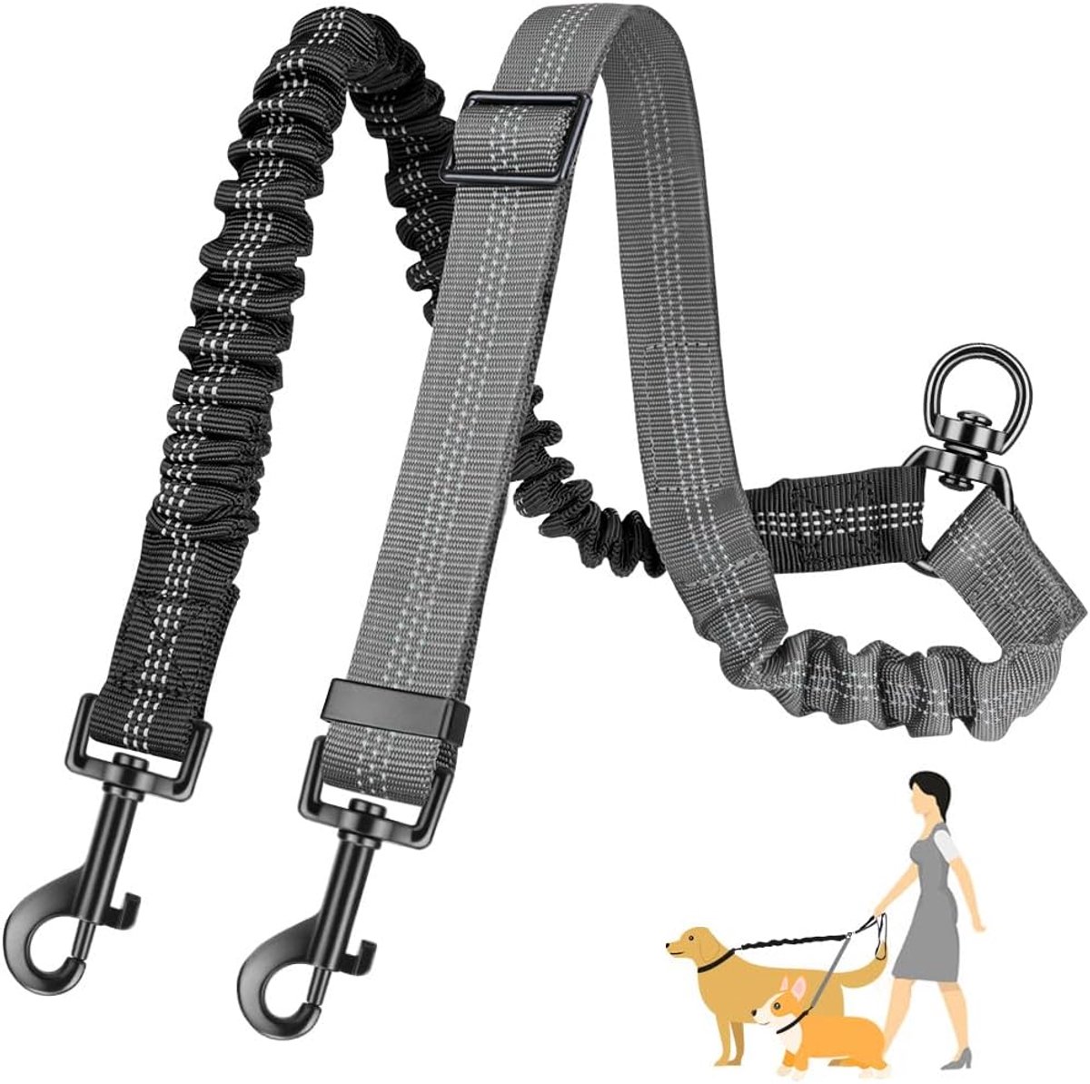Dubbele Hondenriem – Verstrikvrije 360° draaibare dubbele riem voor 2 honden – Verstelbare reflecterende splitsriem voor kleine, middelgrote en grote honden