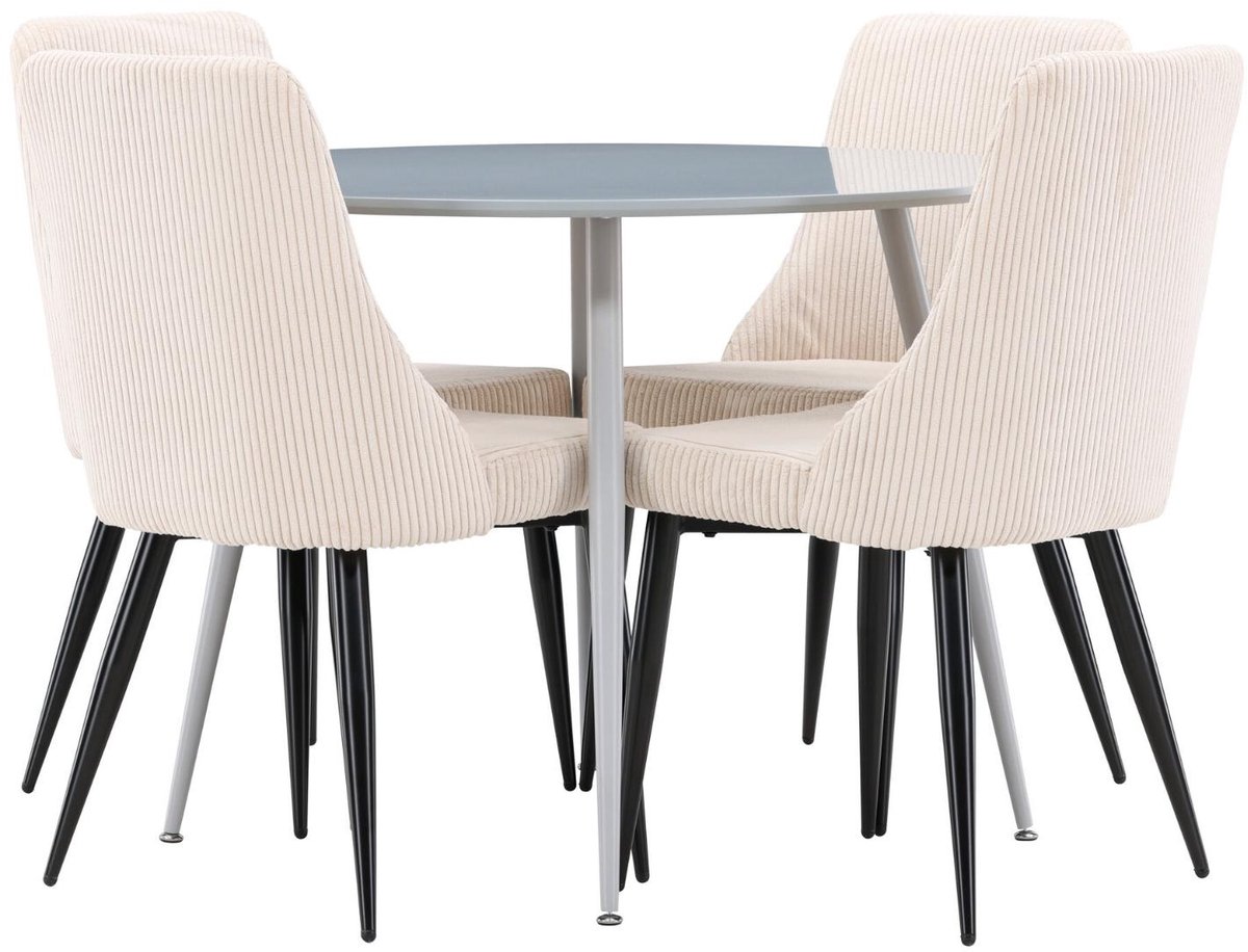 Plaza eethoek eettafel grijs 4 stoelen fluweel beige.