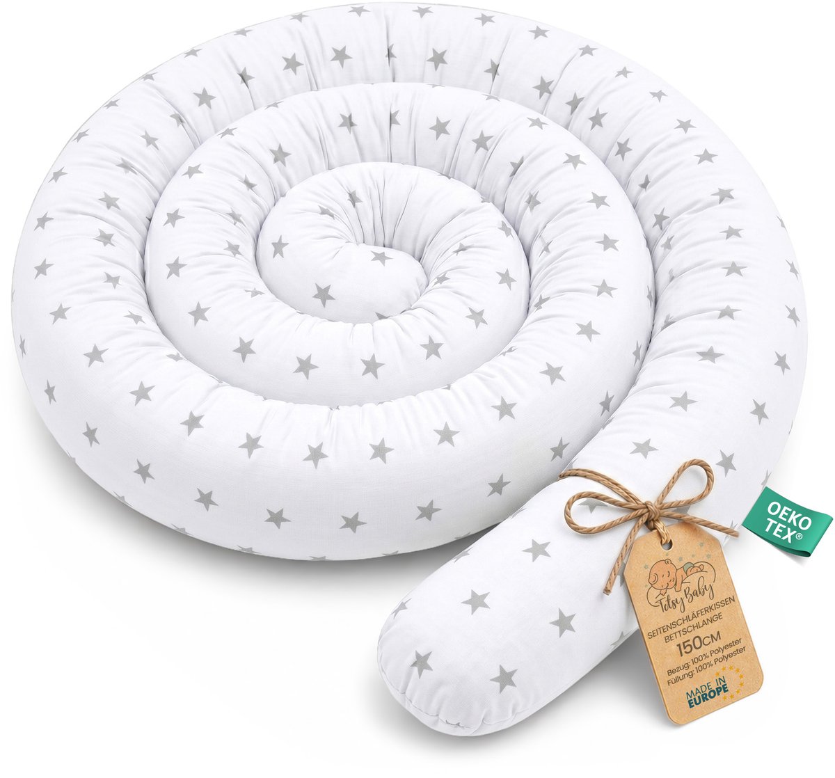 XXL bedslang bedkussen voedingskussen bedrol bedrandbescherming sierkussen bedomranding slang XL handgemaakt Grijze sterren op wit 150 cm Oeko-Tex-certificaat
