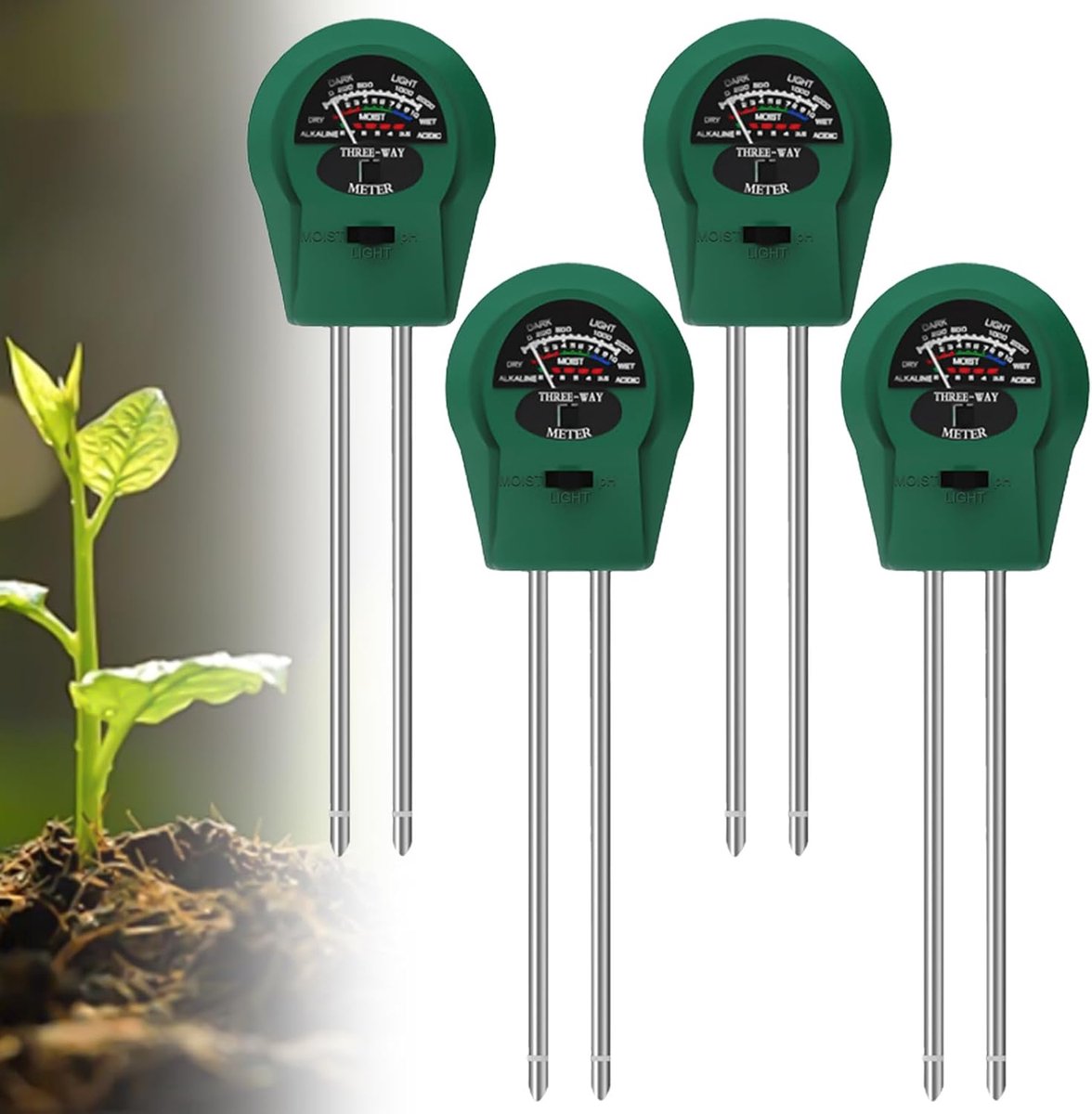 4 stuks bodemvochtigheidsmeter voor planten, 3-in-1 vochtmeter voor planten, bodemmeter met PH/temperatuur/licht, geschikt voor tuinieren, gazon, tuin, landbouw