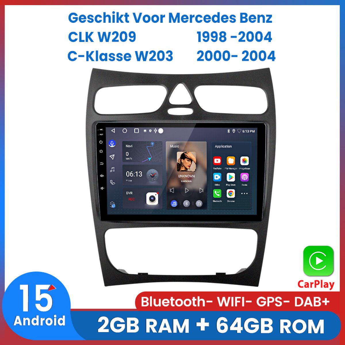 Awesafe Autoradio - Android15 Systeem - Geschikt Voor Mercedes Benz CLK W209 1998 t/m 2004 C-Klasse W203 2000 t/m 2004 - 9 inch IPS Scherm - Draadloos Apple CarPlay & Android Auto - Ram 2GB + Rom 64GB - GPS Navigatie RDS Bluetooth WIFI - Radio Scherm