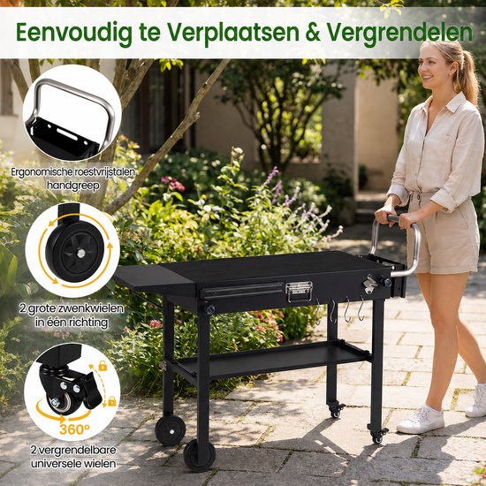 Buitenkeuken op Wielen – BBQ Trolley – Met Opbergkast & Planken – Werktafel voor Buiten – Multifunctioneel –Zwart — afbeelding 5