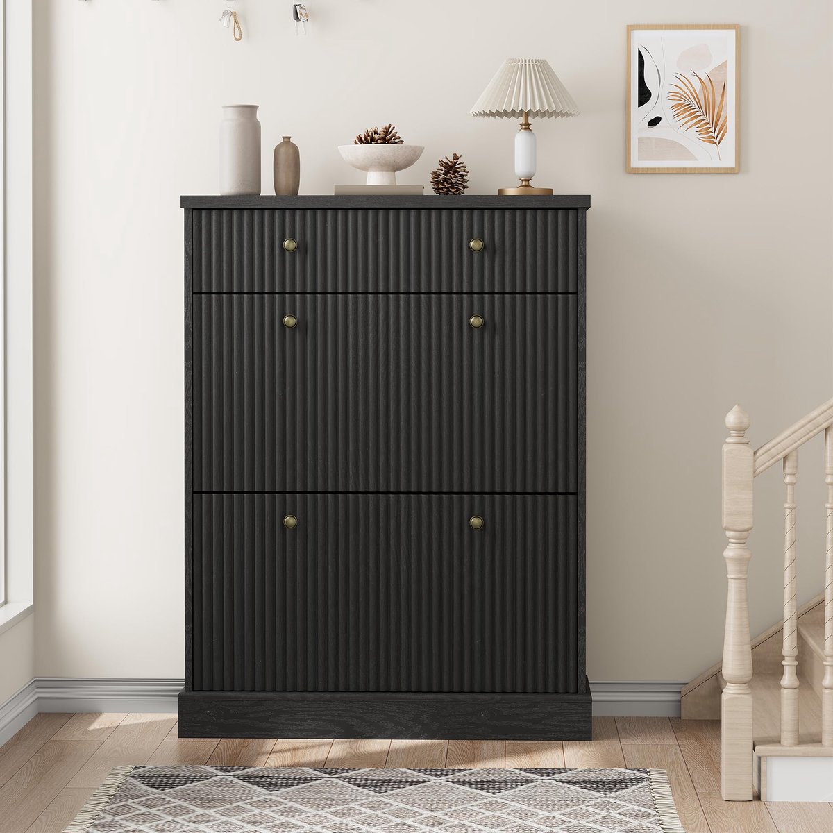 Triumpunpre Schoenenkast met 2 Klepvakken en 1 Lade, Smalle Vrijstaande Kast met Verstelbare en Uitneembare Planken, Golvend Paneel, Zwart, 80 x 25,4 x 106,9 cm