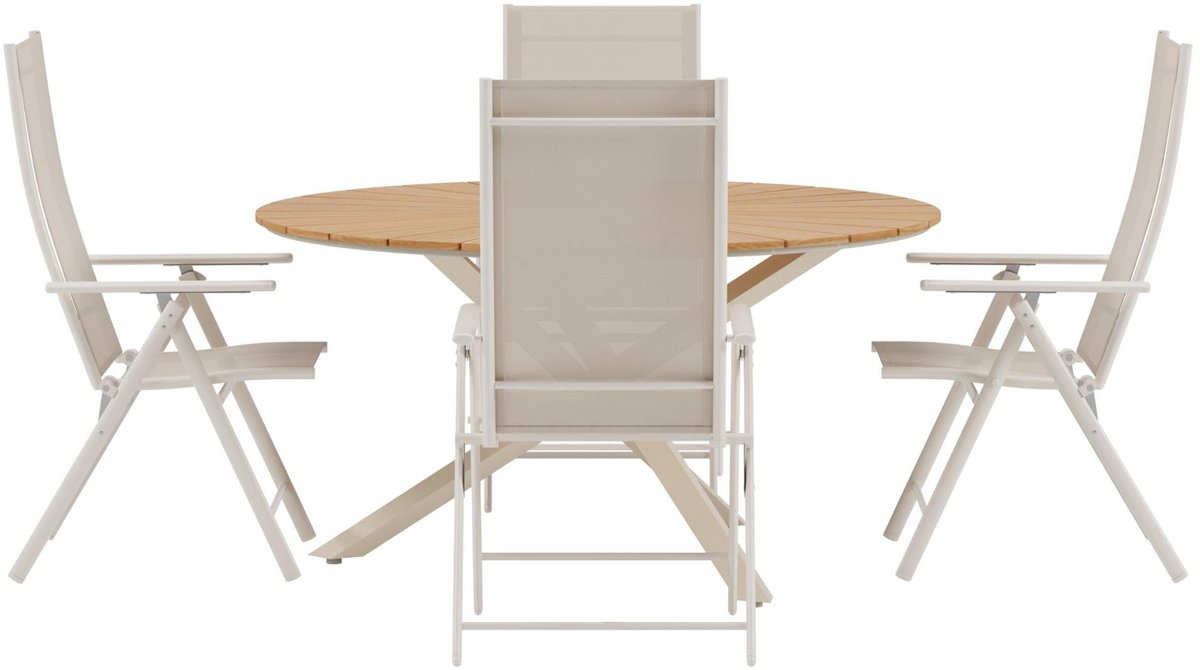 Mexico tuinmeubelset tafel Ø140cm naturel 4 stoelen beige.