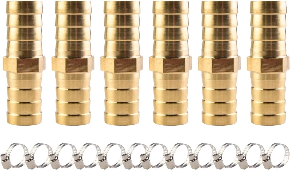Set van 6 stuks 14mm messing slangverbindingen, 2-weg koppelingen met 12 slangklemmen voor lucht, water en brandstoftoepassingen.
