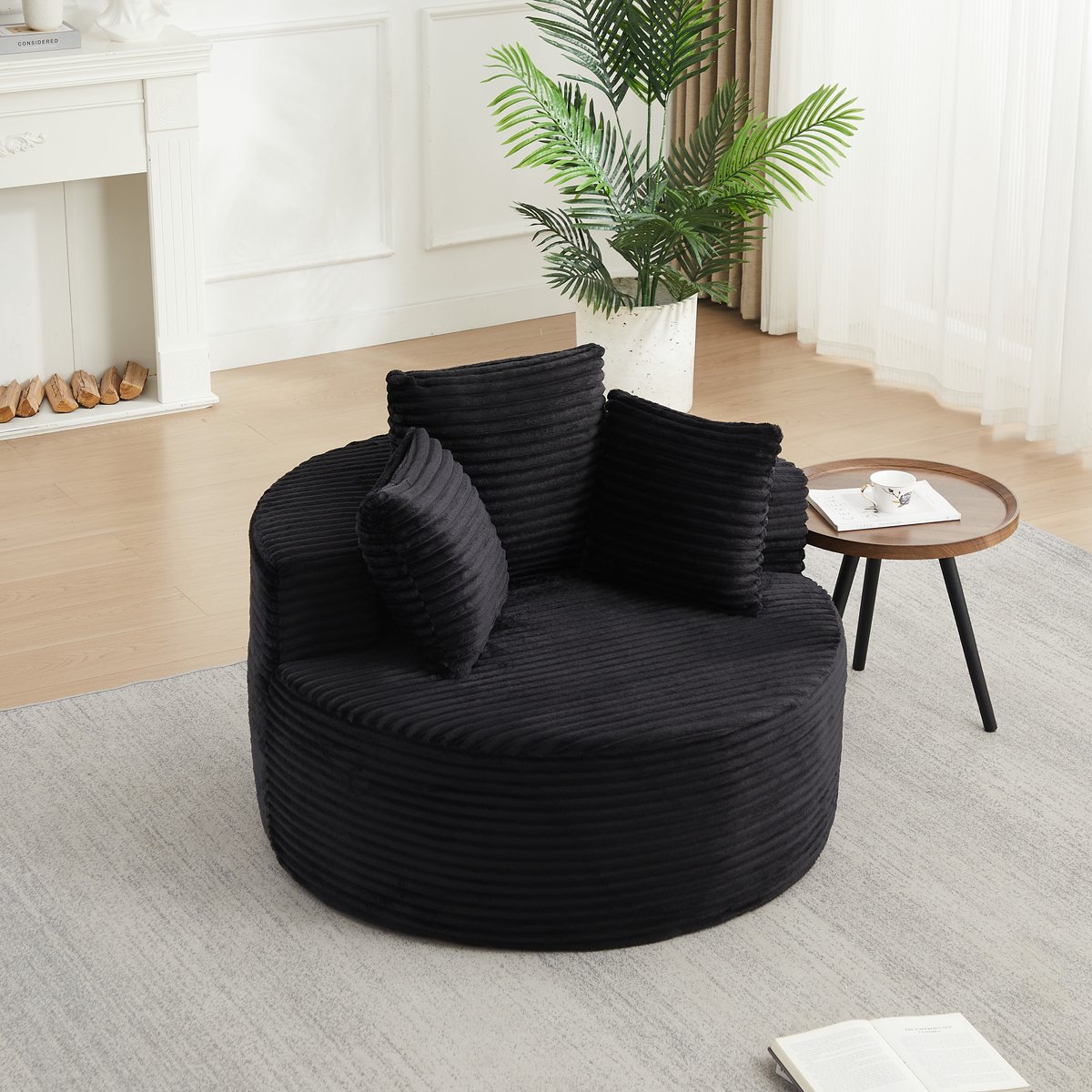 HAUSS SPOLE Fauteuil - Ronde Loungestoel - Met 3 Sierkussens En Brede Armleuningen - Voor Woonkamer En Slaapkamer - Zwart Ribfluweel