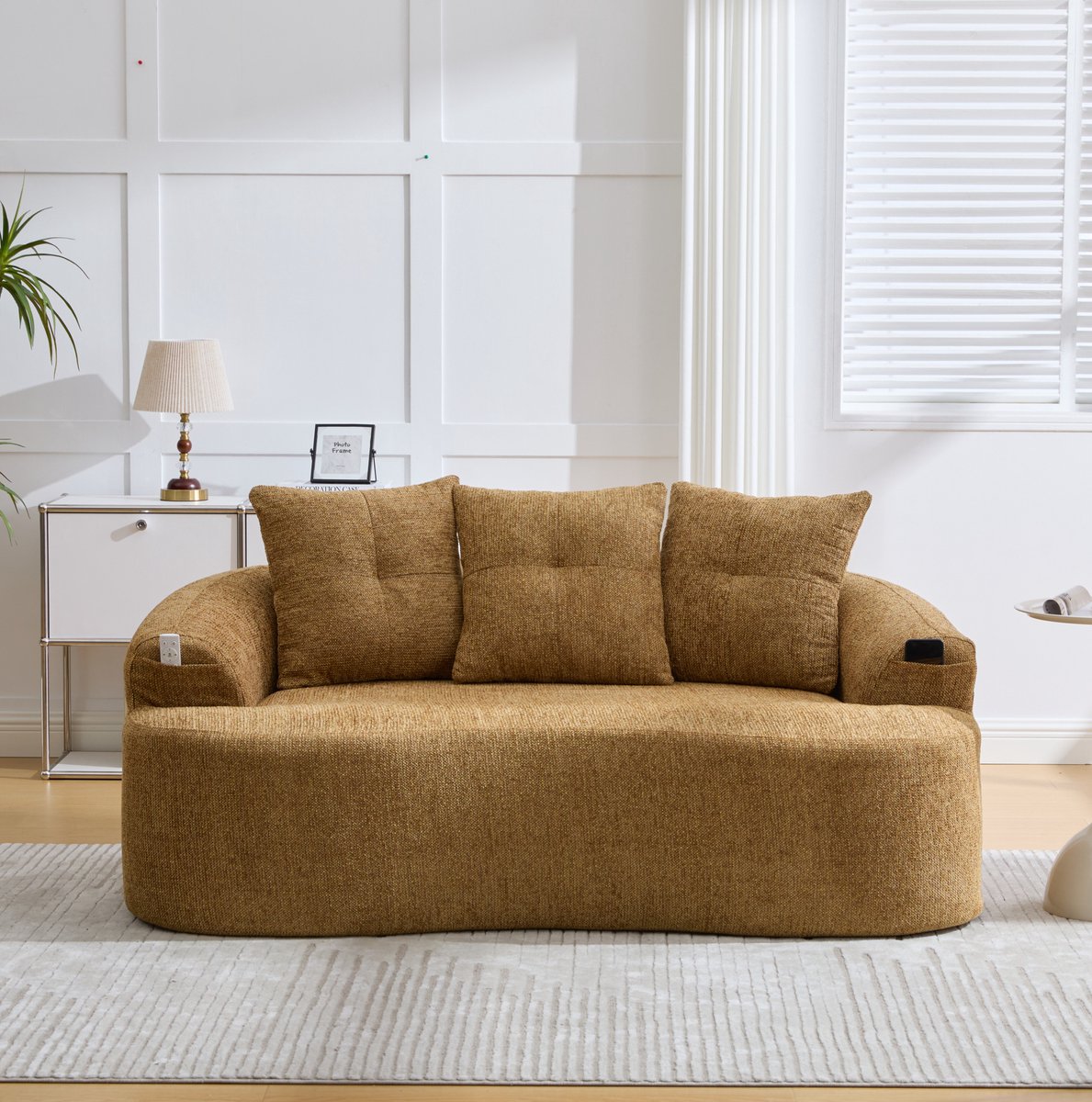 MIVRAY Zitbank 164 x 92 x 60 cm - 2-Zits Bank Met Diepe Zitting En 3 Sierkussens - Voor Woonkamer - Chenille Mosterdgeel