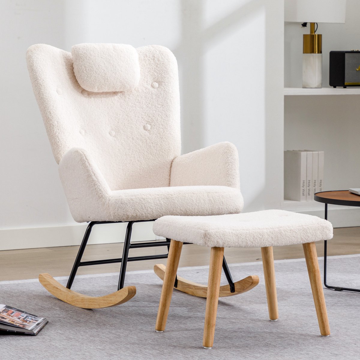 DESMIU Schommelstoel – Fauteuil Met Hoofdkussen En Voetenbank – Comfortabel Teddypluche Design – Voor Woonkamer En Leeshoek – Stof Wit