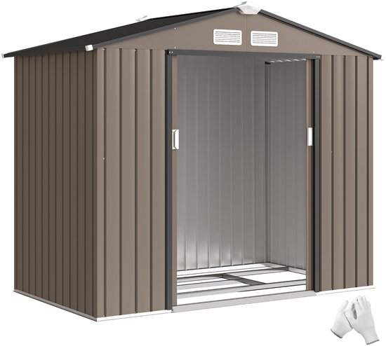Tuinschuur - Tuinhuis - Gereedschapsschuur - Metalen Tuinhuisje - Met Funderingsset - Outdoor Tuinopslag - Buitenopslagruimte - Buitenberging - 4 Ventilatieopeningen - Bruin