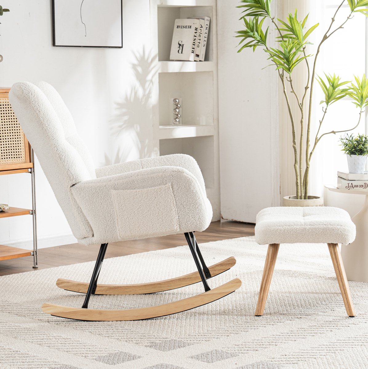 DESMIU Schommelstoel 92 Cm - Met Hocker En Armleuningen - Voor Woonkamer, Slaapkamer En Terras - Teddy En Houten Onderstel - Wit