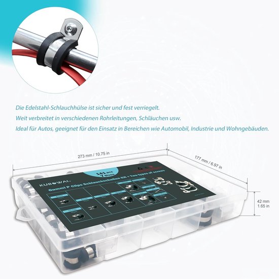 Rubber P-Clips en Slangklemmen Set van 141 Stukken, RVS Klemmen met Rubber Inleg, 7 Maten voor Slangen en Buizen — afbeelding 4