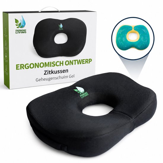 Zwart ergonomisch donut-zitkussen van traagschuim met gel, naast de verpakking.