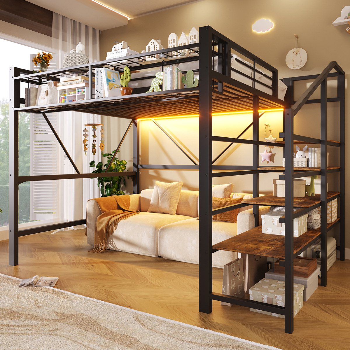 Wishdor - Hoogslaper - 140x200 cm met opbergtrap, rek en LED-verlichting - modern bed voor slaapkamer - metaal en houtlook - zwart - 251,5 x 163 x 170 cm
