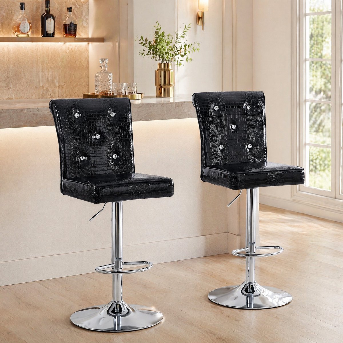 OKWISH Barkruk – Verstelbare Hoogte, Set Van 2 – Kunstleer Met Krokodillenlook En Rugleuning – Voor Keuken Of Bar – Zwart