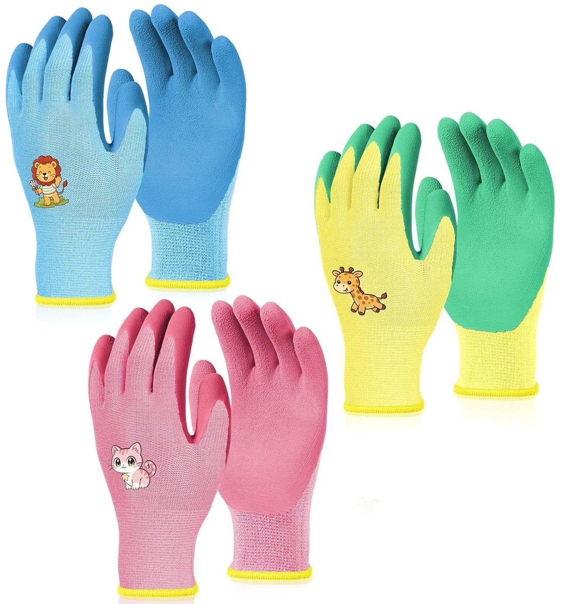 3 Paar Tuinhandschoenen voor Kinderen, Veilig en Comfortabel, Ademend en Flexibel, Geschikt voor Tuinieren en Kamperen, Leeftijd 6-8, Mix & Match Ontwerp