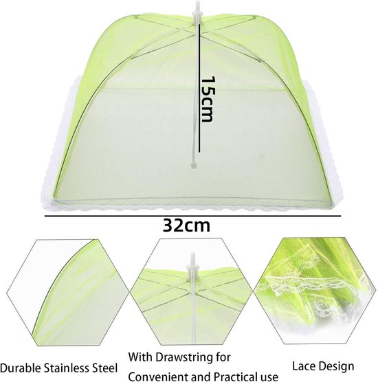 6 stuks Voedselhoezen - Vliegenbeschermer - Gekookt voedselnet - Parapluvormige gaasafdekking - Fruitinsectenafdekking - Opvouwbaar - Vierkante taarthoes - Voor barbecue, eten, fruit, buffetten, picknicks, thuisgebruik (32*15 cm - Diverse kleuren) — afbeelding 2