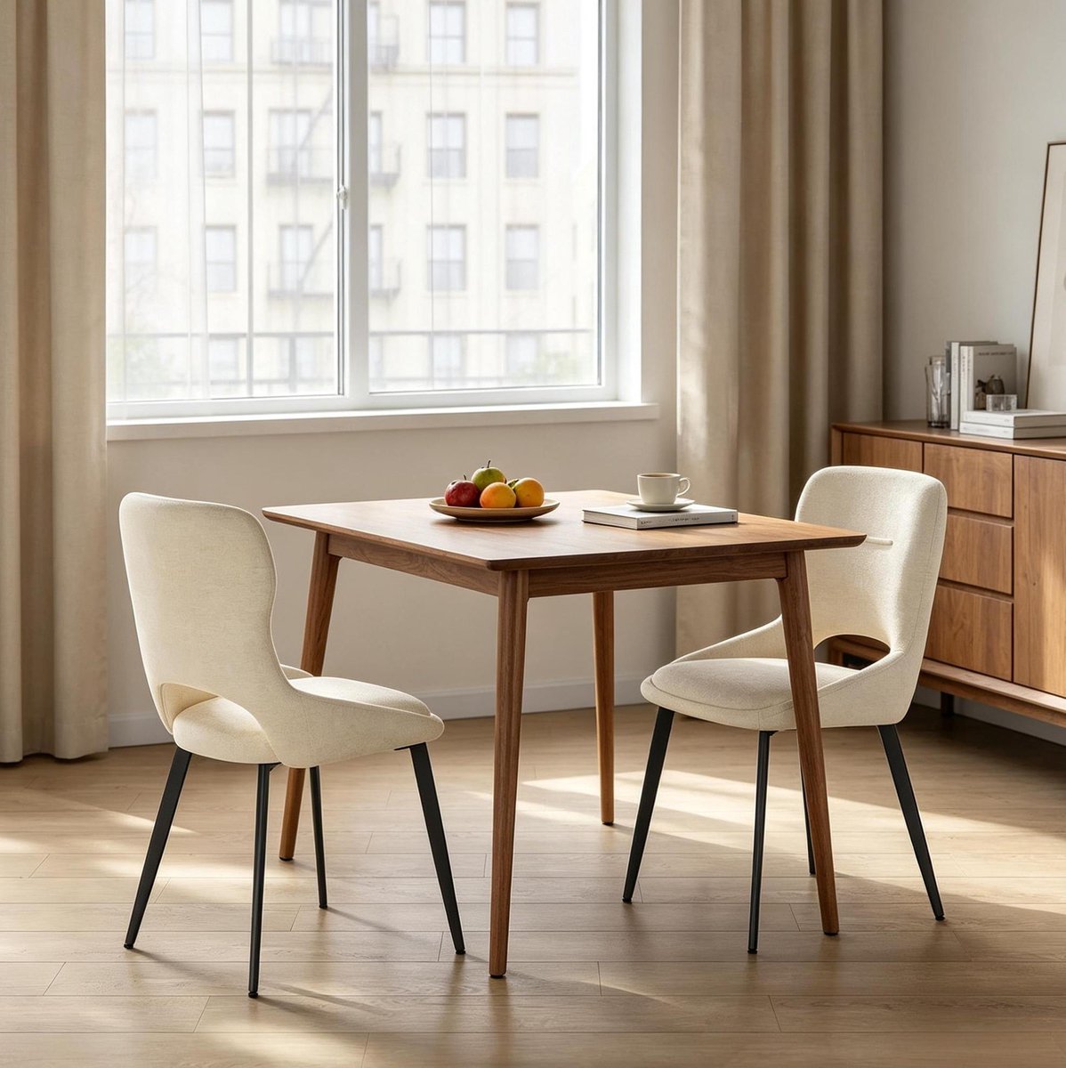 Wishdor - Eetkamerstoel - Set van 2 - Open rugleuning en gewatteerde zitting - Modern - Eetkamer of woonkamer - Chenille stof en metaal - Beige - 43 x 40 x 86 cm
