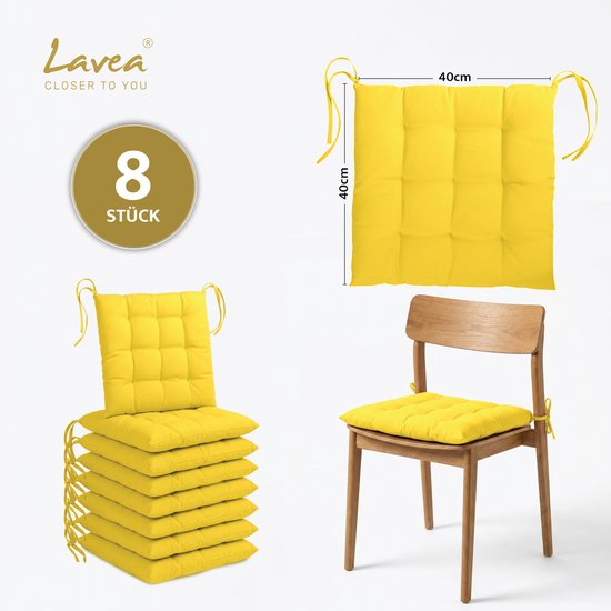 Lavea® Coussins de chaise 40x40 cm – Lot de 8 avec rubans de fixation – Confortables et lavables pour intérieur et extérieur – pour jardin, balcon, terrasse et cuisine – Jaune clair