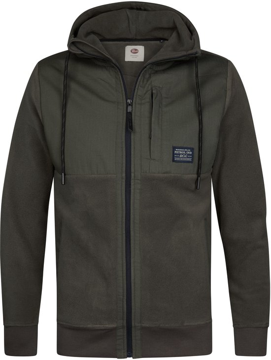 Donkergroene hoodie met rits, capuchon, borstzak en label. Deels fleece, deels gladde stof.
