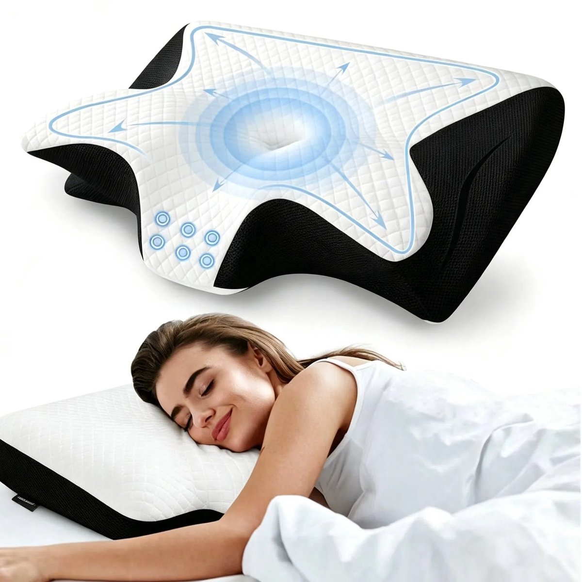 VIEMAE Hoofdkussen - Hoofdkussen nekklachten - Hoofdkussen ergonomisch - Hoofdkussens - Traagschuim - Voor rug, zij en buikslapen - Wit, zwart