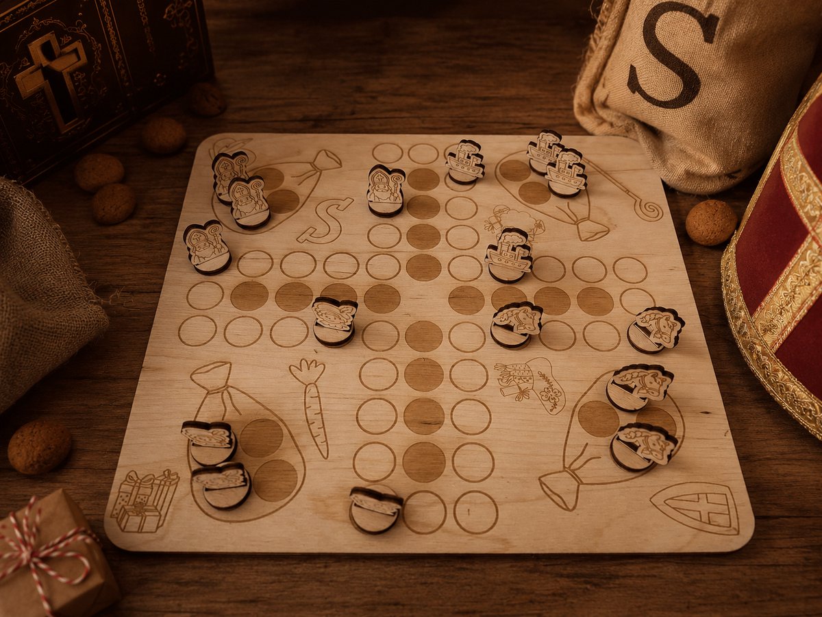 BolleToet houten mens-erger-je-niet spel - bordspel - Sinterklaas thema