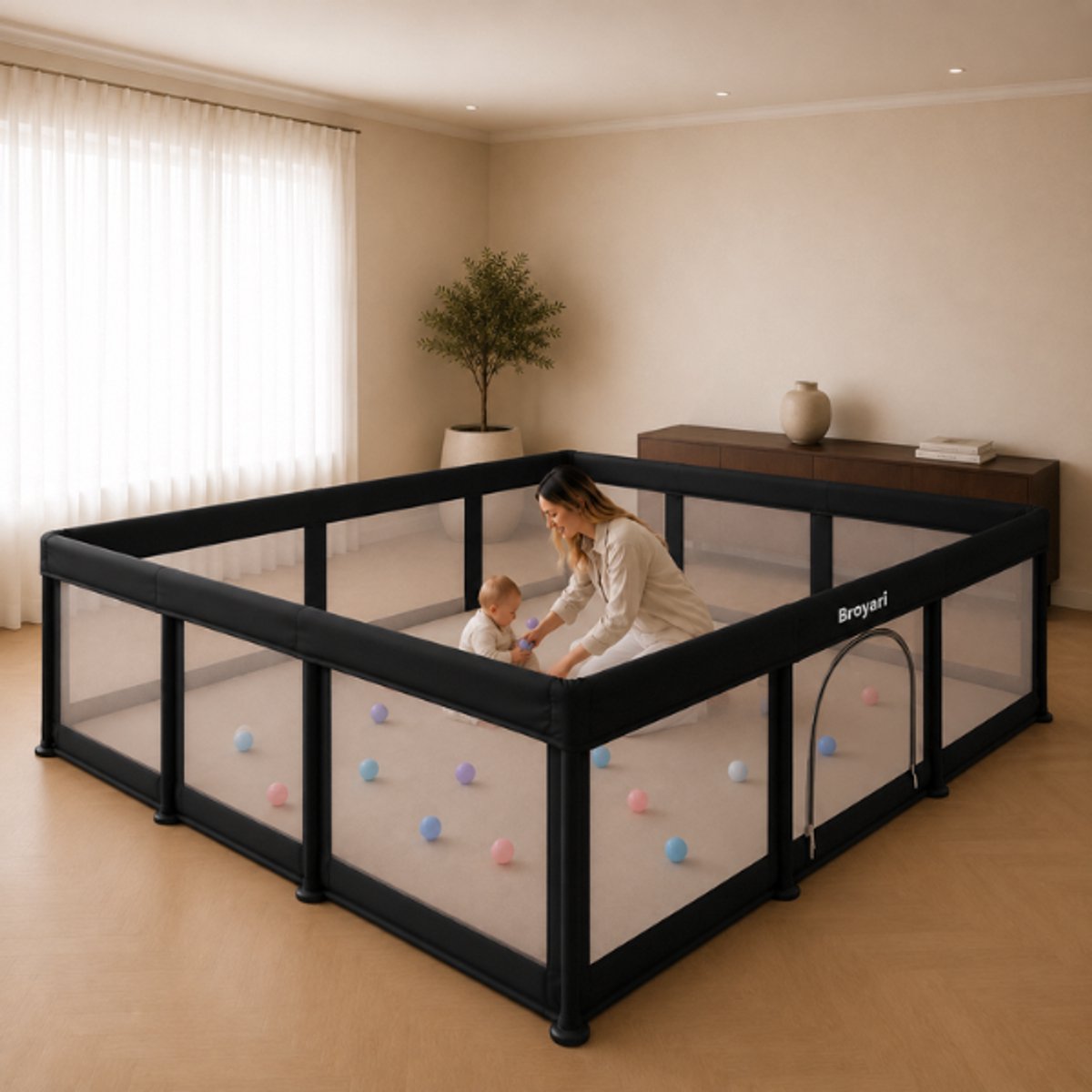 Broyari® Grondbox Baby 180x180 cm – Extra Grote Speelruimte – Binnen 2 Seconden Inklapbaar – Inclusief Speelmat & 50 Speelballen – Opvouwbare Speelbox – Grondbox XL - Zwart