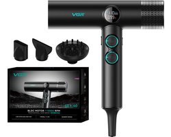 VGR V-401 Professionele Föhn – Negatieve Ionentechnologie – BLDC Motor – 1600-1900W – Sneldrogend – LED Display – 40 Snelheden – Inclusief Diffuser & 2 Magnetische Blaasmonden – Zwart
