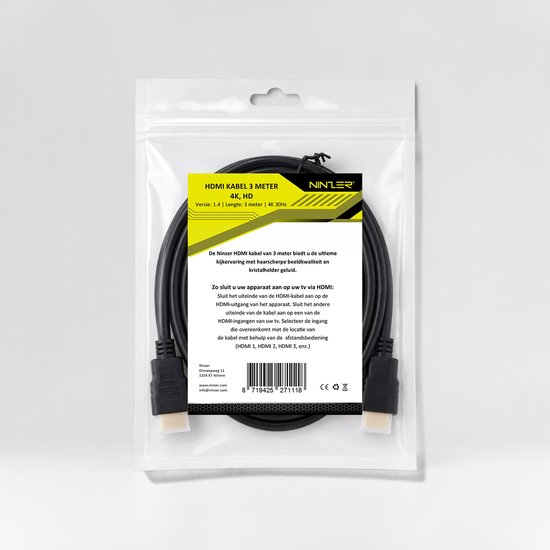 Zwarte HDMI-kabel van 3 meter met vergulde connectoren. Versie 1.4, voor 4K HD en 30Hz.