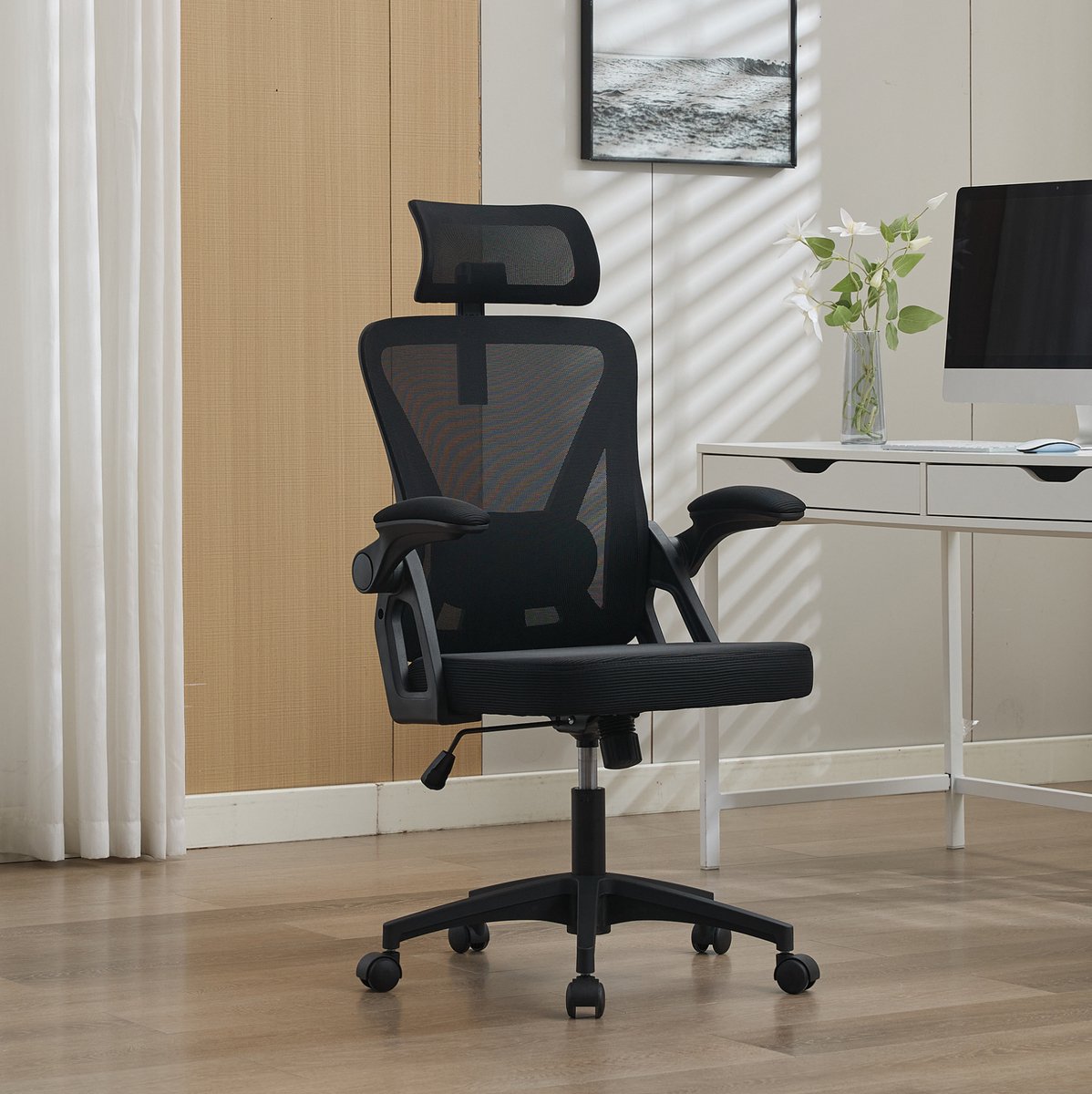 DESMIU Bureaustoel 65 X 58 X 108 Cm - Ergonomisch Met Verstelbare Lendensteun En Hoofdsteun - Voor Thuiskantoor En Kantoor - Mesh Zwart