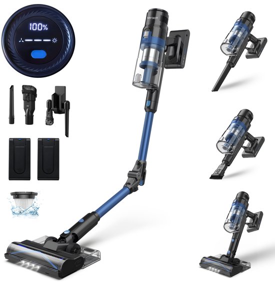 Blauwe en zwarte steelstofzuiger met accessoires, 2 accu's, oplader en digitaal display.