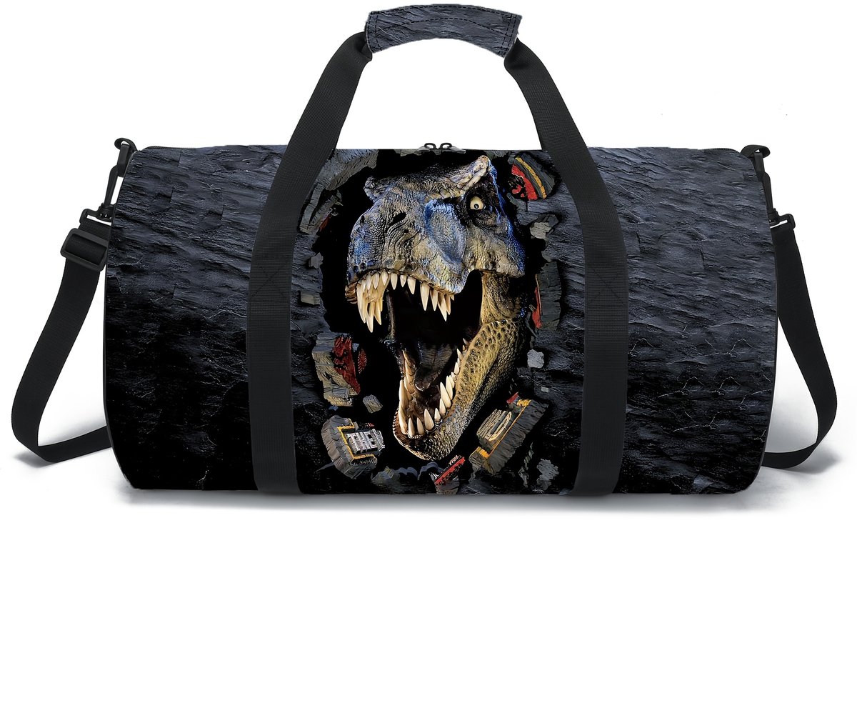 Dino Reistas Kind | Dino Sporttas Kind | Dino Weekendtas | Handbagage Kind Vliegtuig | 25 Liter | Sporttas Jongens | Weekendtas met Dino | Zwarte Kindertas Peuter | Tas voor Logeren of Vakantie | 24x22x45 cm