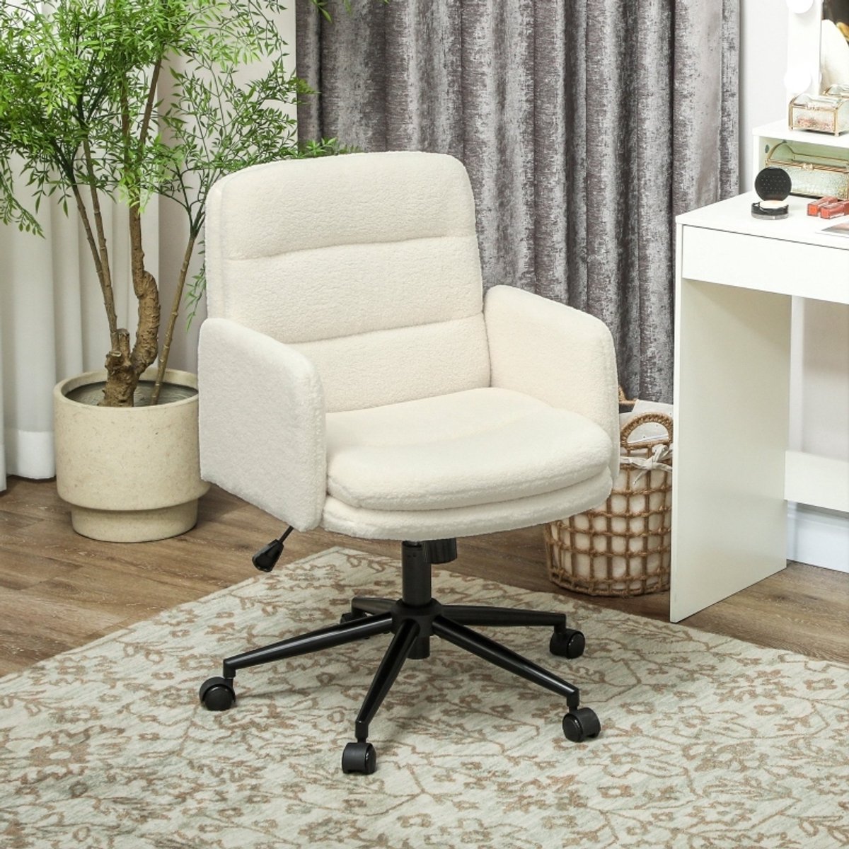 DESMIU Bureaustoel 61,5 x 65 x 91-101 Cm - Draaibaar Met Vaste Armleuningen, Verstelbare Hoogte En Kantelfunctie - Voor Kantoor - Polyester Crèmewit