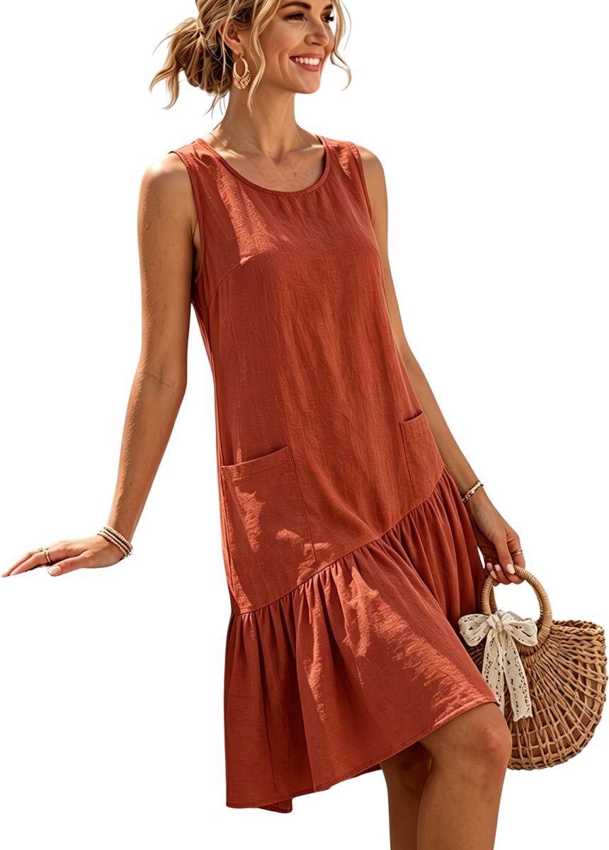 Currero Linnen Jurk Dames Blouse Zomer Shirt Jurkjes Voor Dames Ibiza Jurken Roodachtig Bruin