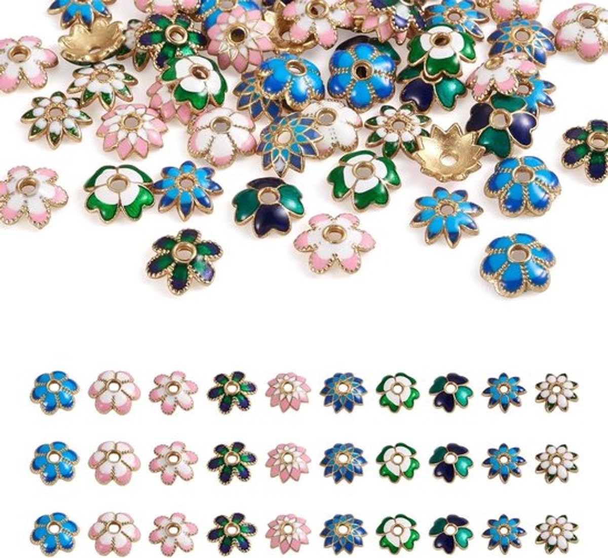 60 stuks vergulde bloemvormige emaille kralenkappen voor sieraden maken, ideaal voor het afwerken van kralen met een stijlvolle en duurzame uitstraling