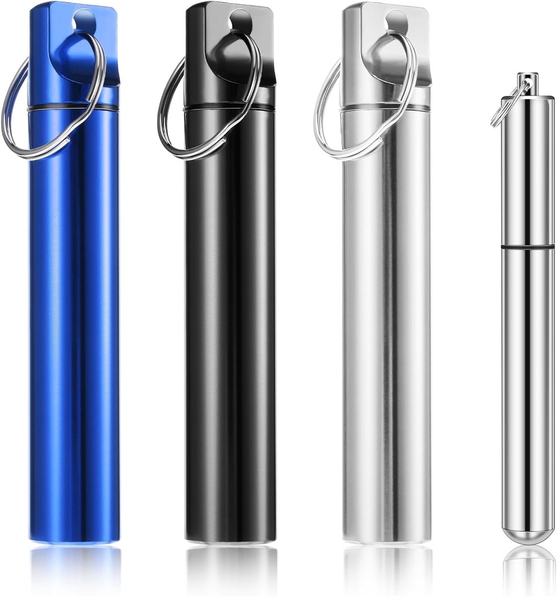 4-Pack Metalen Tandenstoker Houder Set met Sleutelhanger - Waterdichte Reisdoosjes voor Tandenstokers, Oorlepels en Wattenstaafjes