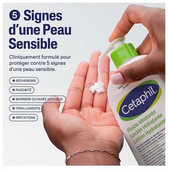Een hand houdt een Cetaphil lotionfles vast, met witte lotion op de vingers. Tekst: "5 tekenen van gevoelige huid".
