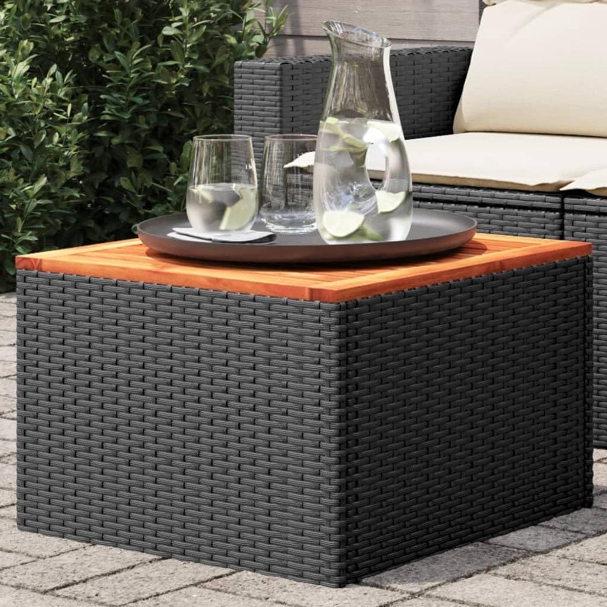 Tuintafel Polyrotan - Balkontafel Terrastafel - Buiten Zitten - Acaciahout Tafelblad - 55 x 55 x 37 cm - Zwart