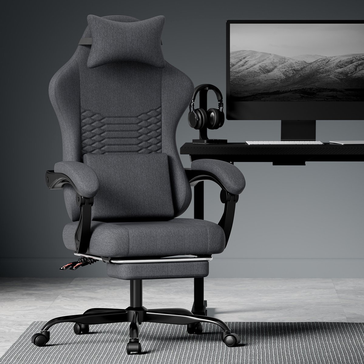 DESMIU Gamingstoel 63 x 120,5 cm - Ergonomisch Met Hoofdsteun, Lendensteun En Uitschuifbare Voetsteun - Voor Gamen En Werken - Stof Zwart