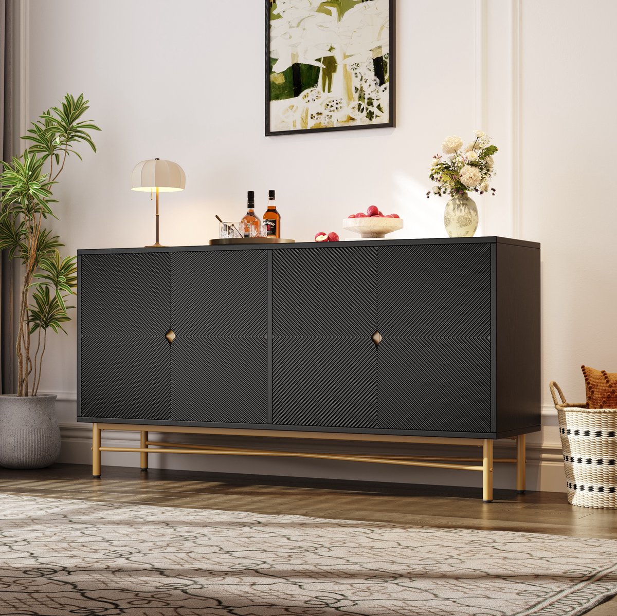 OKWISH Dressoir Kast - 160 x 40 x 82 cm - 4 Deuren - Grote Opbergruimte Voor Woonkamer Eetkamer of Slaapkamer - Zwart