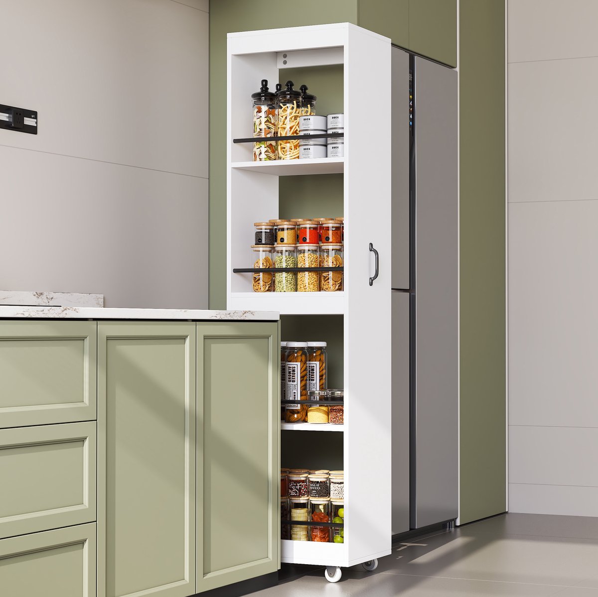 OKWISH Boekenkast - Smal Opbergrek Met Wielen En Beschermstangen - Voor Woonkamer Keuken Of Badkamer - MDF Wit - 40 x 30 x 160,5 cm White
